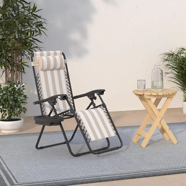 Alt view image 2 of 7 - Set of 2 Adjustable Steel Mesh Zero Gravity Lounge Chair Recliners w/Pillows and Cup Holder Trays - Tan Striped