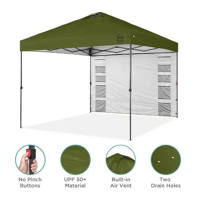 Alt view image 4 of 7 - 10x10ft Pop Up Canopy Tent with Sidewall, 1 Person 1 Minute Set Up, Carry Case, 4 Weight Bags - Olive Green