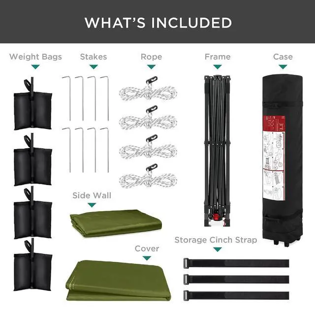 Alt view image 7 of 7 - 10x10ft Pop Up Canopy Tent with Sidewall, 1 Person 1 Minute Set Up, Carry Case, 4 Weight Bags - Olive Green