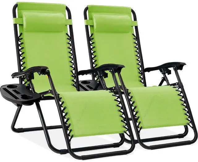 Main image of Set of 2 Adjustable Steel Mesh Zero Gravity Lounge Chair Recliners w/Pillows and Cup Holder Trays - Lime Green