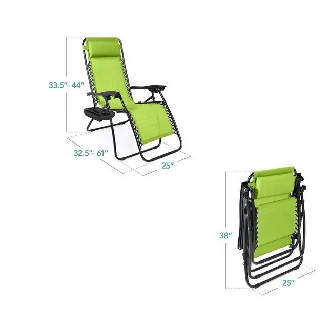 Alt view image 3 of 7 - Set of 2 Adjustable Steel Mesh Zero Gravity Lounge Chair Recliners w/Pillows and Cup Holder Trays - Lime Green
