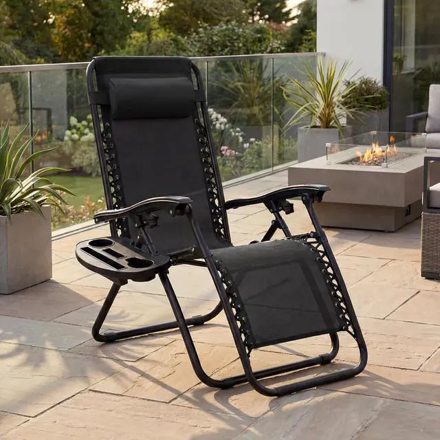 Alt view image 2 of 7 - Set of 2 Adjustable Steel Mesh Zero Gravity Lounge Chair Recliners w/Pillows and Cup Holder Trays - Black