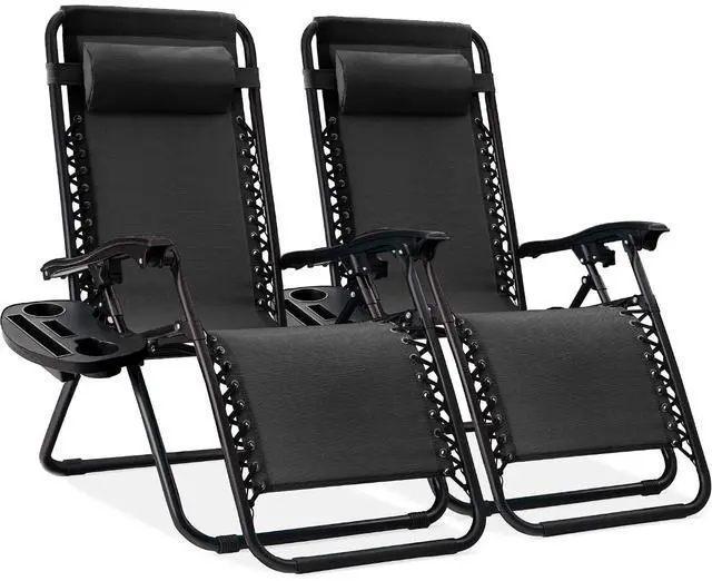Main image of Set of 2 Adjustable Steel Mesh Zero Gravity Lounge Chair Recliners w/Pillows and Cup Holder Trays - Black