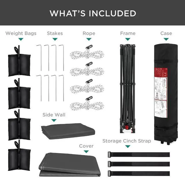 Alt view image 7 of 7 - 10x10ft Pop Up Canopy Tent with Sidewall, 1 Person 1 Minute Set Up, Carry Case, 4 Weight Bags - Gray