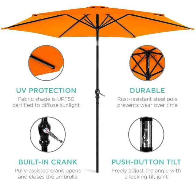 Alt view image 5 of 7 - 10ft Outdoor Patio Umbrella, Outdoor Table Umbrella, Yard Umbrella, Market Umbrella with 6 Sturdy Ribs, Push Button, Tilt and Crank - Orange