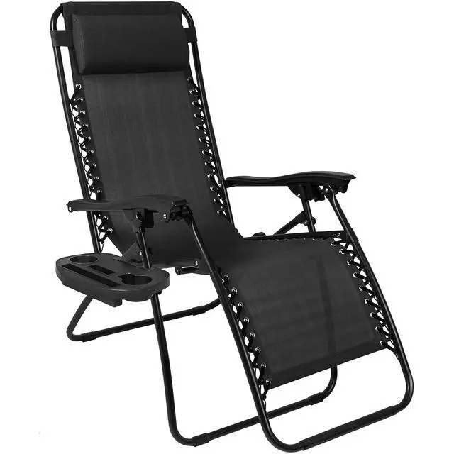 Alt view image 5 of 7 - Set of 2 Adjustable Steel Mesh Zero Gravity Lounge Chair Recliners w/Pillows and Cup Holder Trays - Black