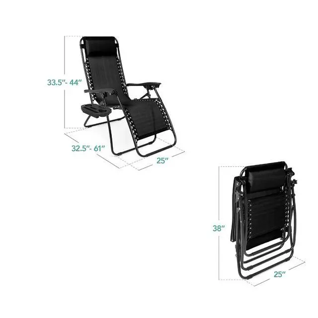 Alt view image 3 of 7 - Set of 2 Adjustable Steel Mesh Zero Gravity Lounge Chair Recliners w/Pillows and Cup Holder Trays - Black