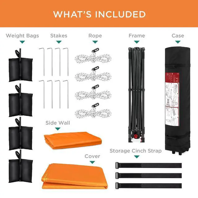 Alt view image 7 of 7 - 10x10ft Pop Up Canopy Tent with Sidewall, 1 Person 1 Minute Set Up, Carry Case, 4 Weight Bags - Orange