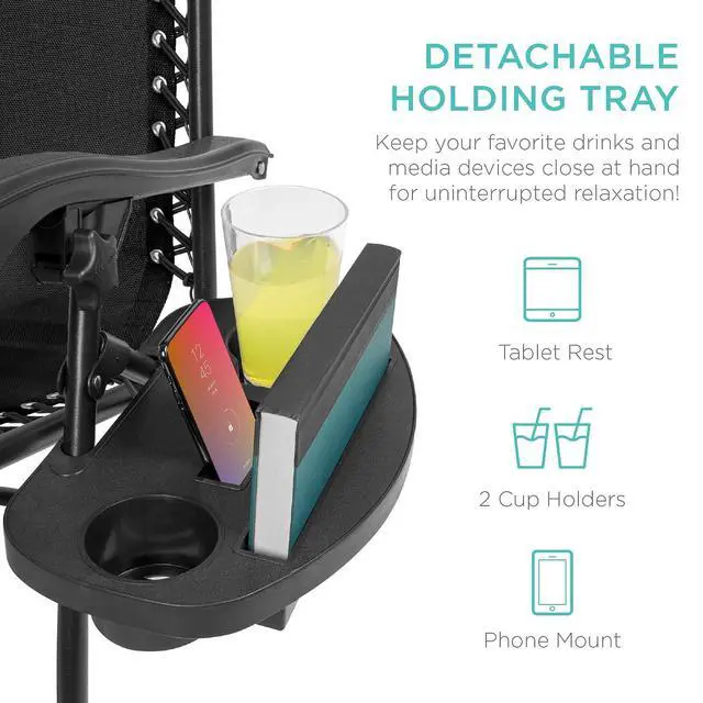 Alt view image 7 of 7 - Set of 2 Adjustable Steel Mesh Zero Gravity Lounge Chair Recliners w/Pillows and Cup Holder Trays - Black