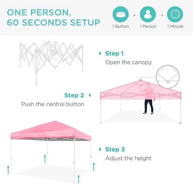 Alt view image 2 of 7 - 10x10ft Pop Up Canopy Tent, Outdoor Shade, 1 Person 1 Minute Set Up, Carry Case, 4 Weight Bags - Pink/White