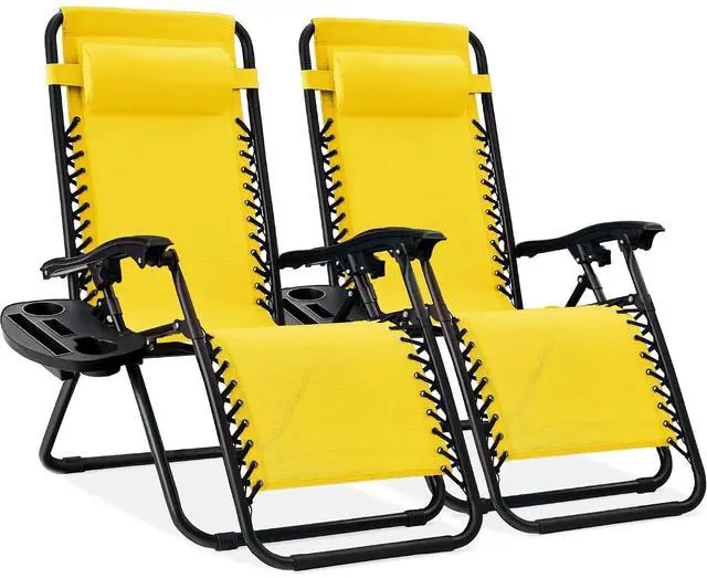 Main image of Set of 2 Adjustable Steel Mesh Zero Gravity Lounge Chair Recliners w/Pillows and Cup Holder Trays - Sunflower Yellow