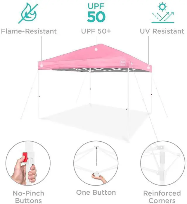 Alt view image 4 of 7 - 10x10ft Pop Up Canopy Tent, Outdoor Shade, 1 Person 1 Minute Set Up, Carry Case, 4 Weight Bags - Pink/White