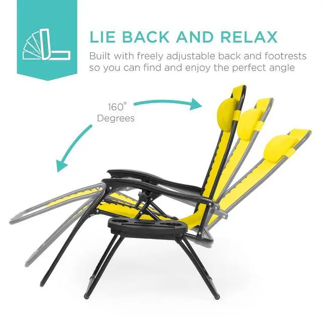 Alt view image 4 of 7 - Set of 2 Adjustable Steel Mesh Zero Gravity Lounge Chair Recliners w/Pillows and Cup Holder Trays - Sunflower Yellow