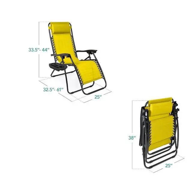 Alt view image 3 of 7 - Set of 2 Adjustable Steel Mesh Zero Gravity Lounge Chair Recliners w/Pillows and Cup Holder Trays - Sunflower Yellow