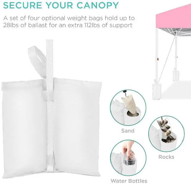 Alt view image 6 of 7 - 10x10ft Pop Up Canopy Tent, Outdoor Shade, 1 Person 1 Minute Set Up, Carry Case, 4 Weight Bags - Pink/White