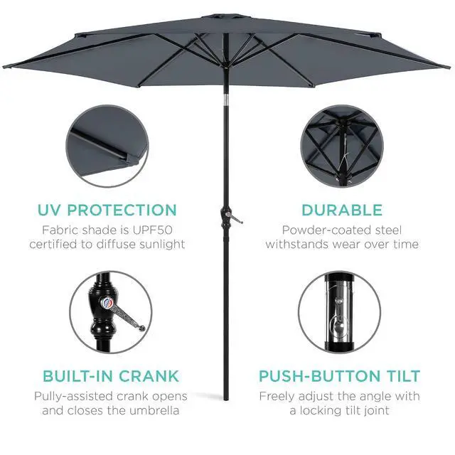 Alt view image 5 of 7 - 10ft Outdoor Patio Umbrella, Outdoor Table Umbrella, Yard Umbrella, Market Umbrella with 6 Sturdy Ribs, Push Button, Tilt and Crank - Slate