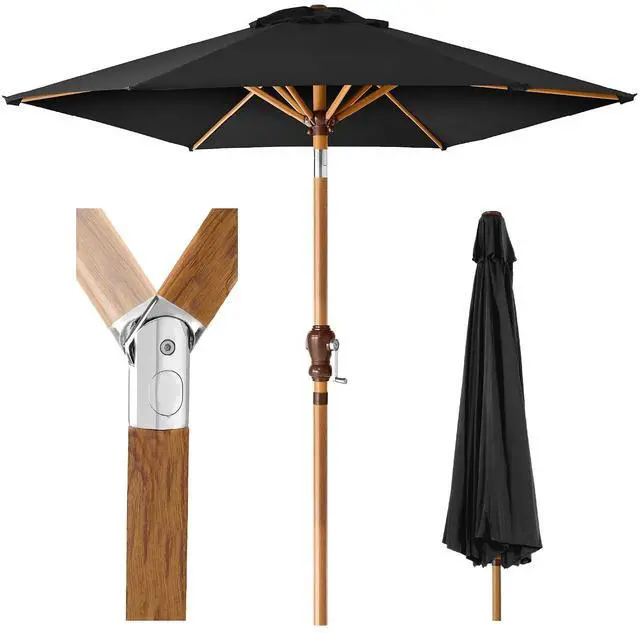 Main image of 10ft Market Umbrella, Outdoor Sun Shade for Backyard, Deck, Poolside, Table w/Woodgrain Pattern, Easy Tilt & Crank - Black