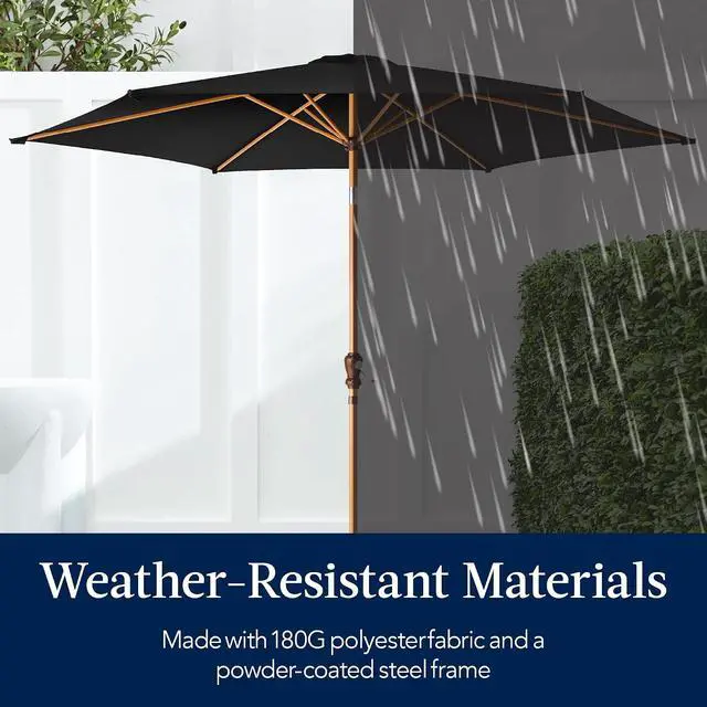 Alt view image 5 of 7 - 10ft Market Umbrella, Outdoor Sun Shade for Backyard, Deck, Poolside, Table w/Woodgrain Pattern, Easy Tilt & Crank - Black