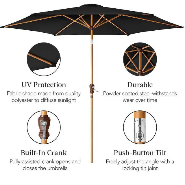 Alt view image 6 of 7 - 10ft Market Umbrella, Outdoor Sun Shade for Backyard, Deck, Poolside, Table w/Woodgrain Pattern, Easy Tilt & Crank - Black