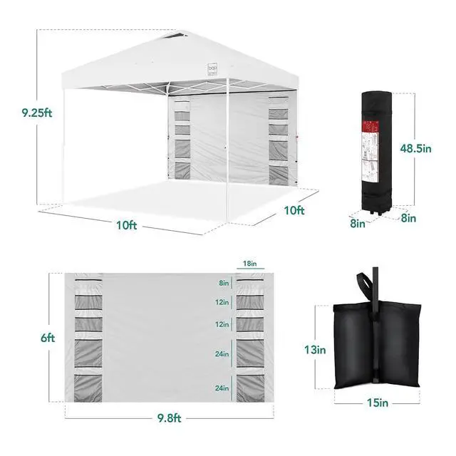 Alt view image 2 of 7 - 10x10ft Pop Up Canopy Tent with Sidewall, 1 Person 1 Minute Set Up, Carry Case, 4 Weight Bags - White/White