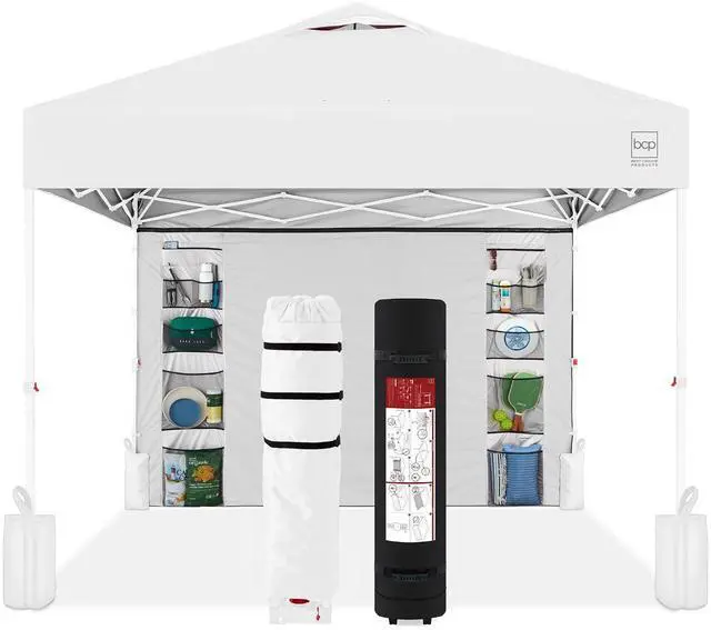 Main image of 10x10ft Pop Up Canopy Tent with Sidewall, 1 Person 1 Minute Set Up, Carry Case, 4 Weight Bags - White/White