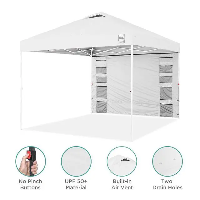 Alt view image 5 of 7 - 10x10ft Pop Up Canopy Tent with Sidewall, 1 Person 1 Minute Set Up, Carry Case, 4 Weight Bags - White/White
