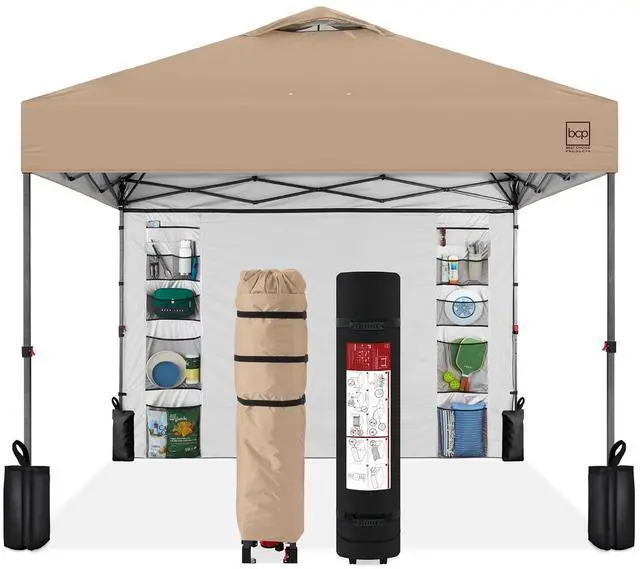 Main image of 10x10ft Pop Up Canopy Tent with Sidewall, 1 Person 1 Minute Set Up, Carry Case, 4 Weight Bags - Tan