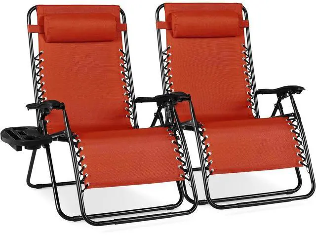 Main image of Set of 2 Extra Wide Adjustable Steel Mesh Zero Gravity Lounge Chair Recliners w/Pillows and Cup Holder Trays - Burnt Orange