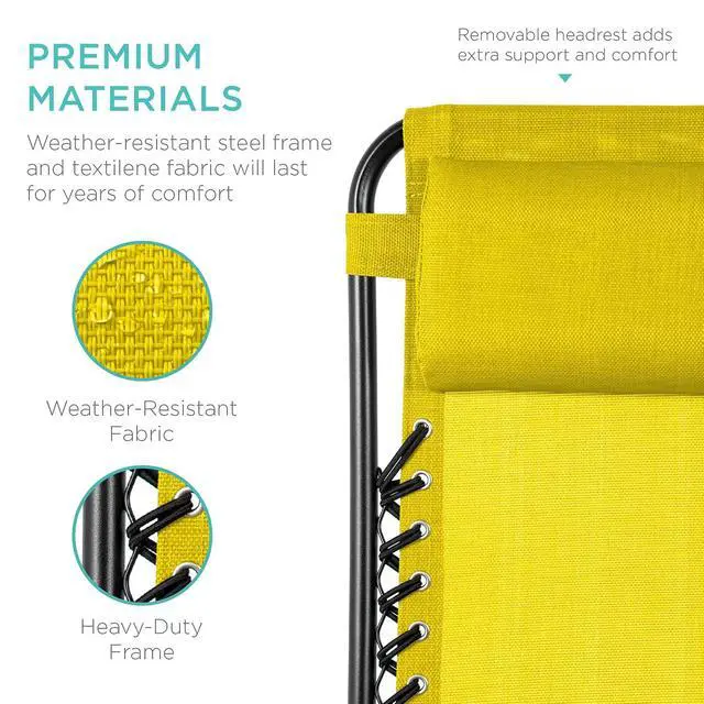 Alt view image 7 of 7 - Set of 2 Adjustable Steel Mesh Zero Gravity Lounge Chair Recliners w/Pillows and Cup Holder Trays - Sunflower Yellow