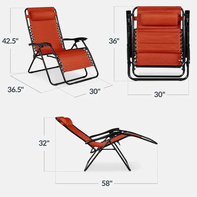 Alt view image 3 of 7 - Set of 2 Extra Wide Adjustable Steel Mesh Zero Gravity Lounge Chair Recliners w/Pillows and Cup Holder Trays - Burnt Orange