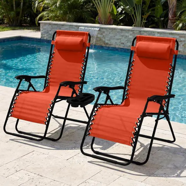 Alt view image 2 of 7 - Set of 2 Extra Wide Adjustable Steel Mesh Zero Gravity Lounge Chair Recliners w/Pillows and Cup Holder Trays - Burnt Orange