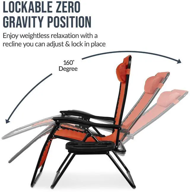 Alt view image 5 of 7 - Set of 2 Extra Wide Adjustable Steel Mesh Zero Gravity Lounge Chair Recliners w/Pillows and Cup Holder Trays - Burnt Orange