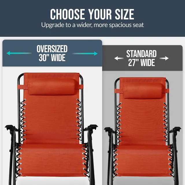 Alt view image 4 of 7 - Set of 2 Extra Wide Adjustable Steel Mesh Zero Gravity Lounge Chair Recliners w/Pillows and Cup Holder Trays - Burnt Orange
