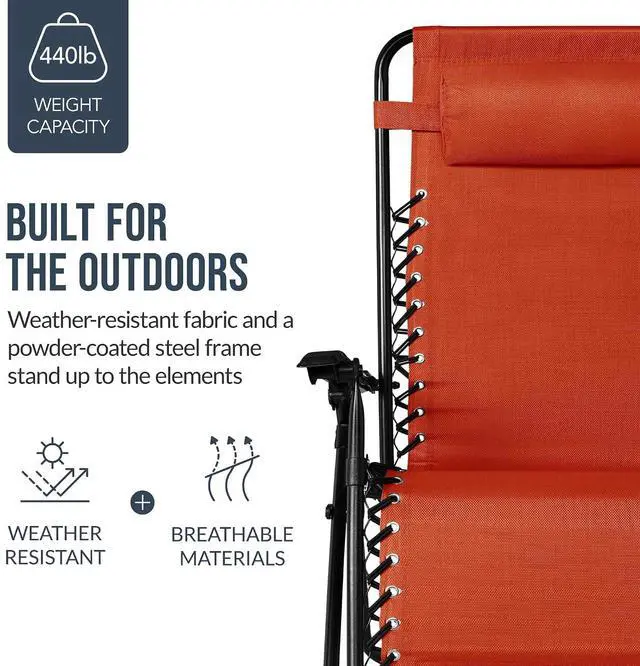 Alt view image 6 of 7 - Set of 2 Extra Wide Adjustable Steel Mesh Zero Gravity Lounge Chair Recliners w/Pillows and Cup Holder Trays - Burnt Orange
