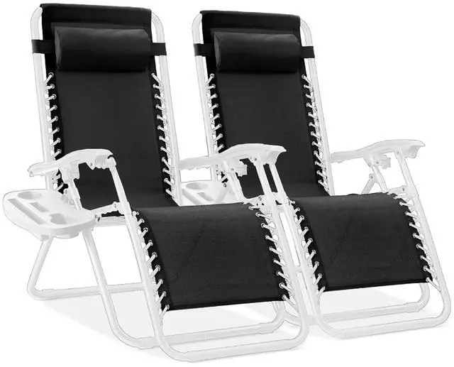 Main image of Set of 2 Adjustable Steel Mesh Zero Gravity Lounge Chair Recliners w/Pillows and Cup Holder Trays - Black/White