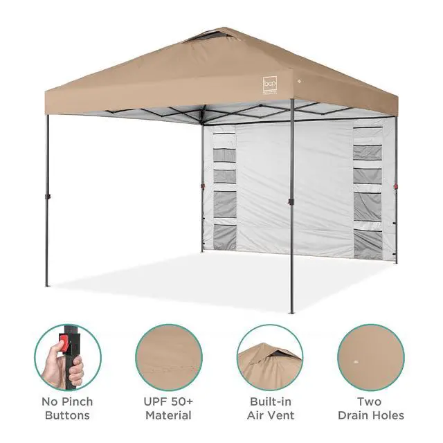 Alt view image 4 of 7 - 10x10ft Pop Up Canopy Tent with Sidewall, 1 Person 1 Minute Set Up, Carry Case, 4 Weight Bags - Tan
