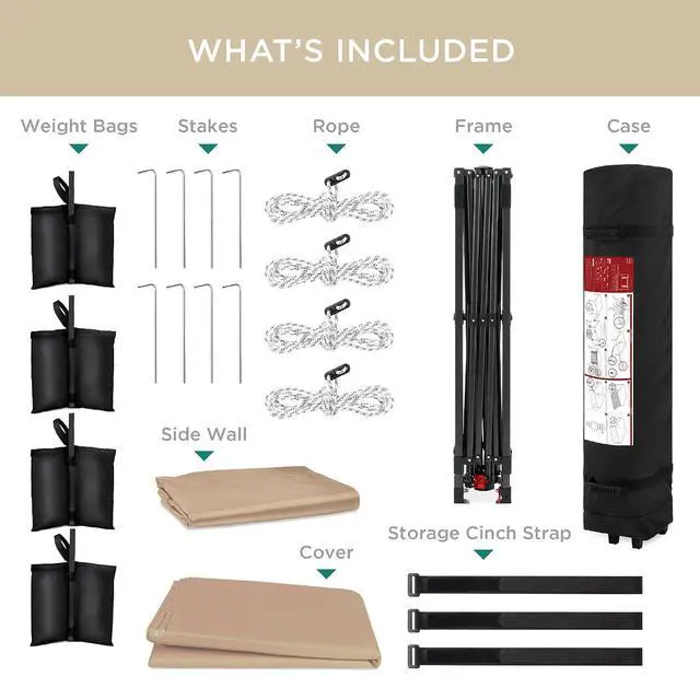 Alt view image 7 of 7 - 10x10ft Pop Up Canopy Tent with Sidewall, 1 Person 1 Minute Set Up, Carry Case, 4 Weight Bags - Tan