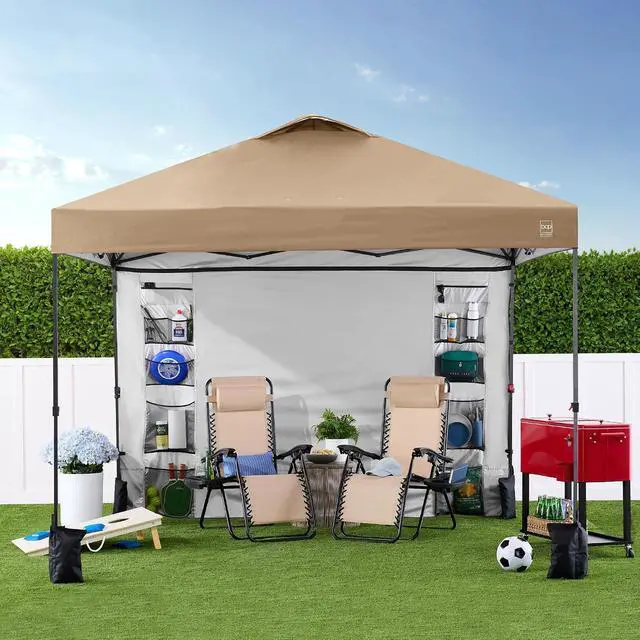 Alt view image 6 of 7 - 10x10ft Pop Up Canopy Tent with Sidewall, 1 Person 1 Minute Set Up, Carry Case, 4 Weight Bags - Tan