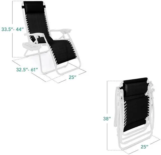 Alt view image 3 of 7 - Set of 2 Adjustable Steel Mesh Zero Gravity Lounge Chair Recliners w/Pillows and Cup Holder Trays - Black/White