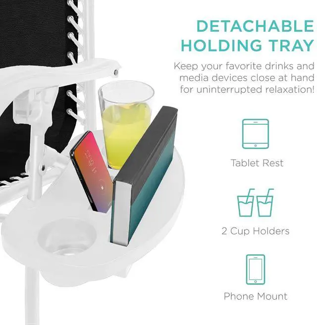 Alt view image 6 of 7 - Set of 2 Adjustable Steel Mesh Zero Gravity Lounge Chair Recliners w/Pillows and Cup Holder Trays - Black/White