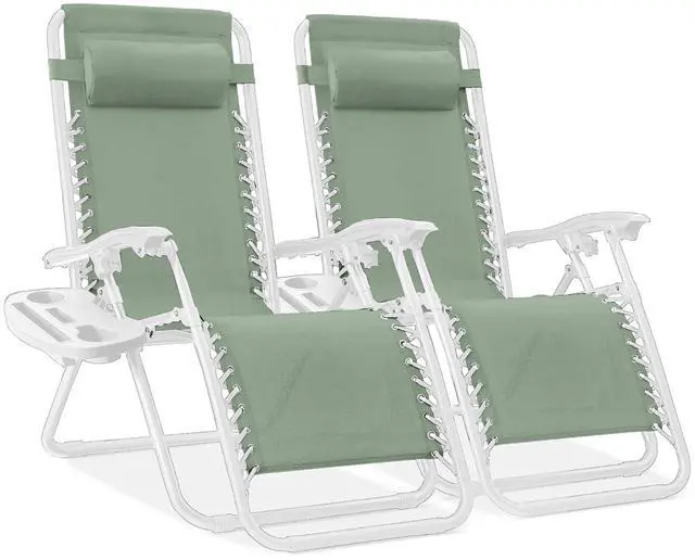 Main image of Set of 2 Adjustable Steel Mesh Zero Gravity Lounge Chair Recliners w/Pillows and Cup Holder Trays - Sage Green/White