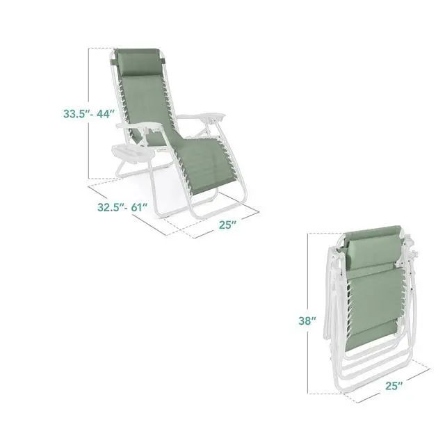 Alt view image 3 of 7 - Set of 2 Adjustable Steel Mesh Zero Gravity Lounge Chair Recliners w/Pillows and Cup Holder Trays - Sage Green/White