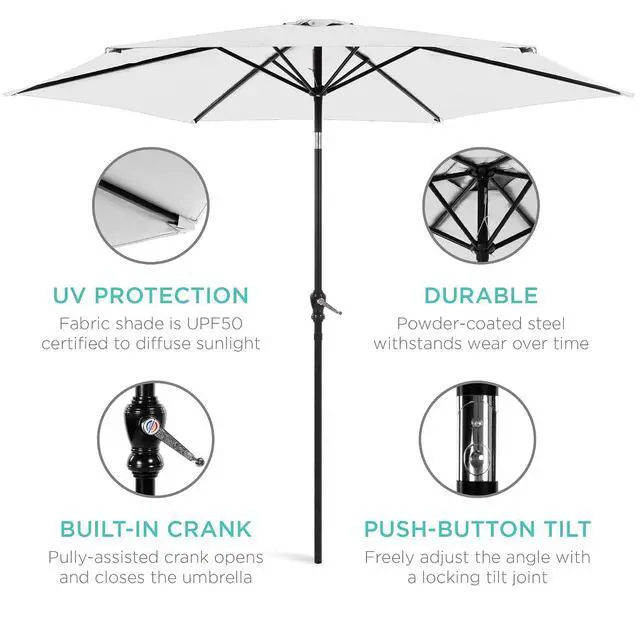 Alt view image 5 of 7 - 10ft Outdoor Patio Umbrella, Outdoor Table Umbrella, Yard Umbrella, Market Umbrella with 6 Sturdy Ribs, Push Button, Tilt and Crank - White