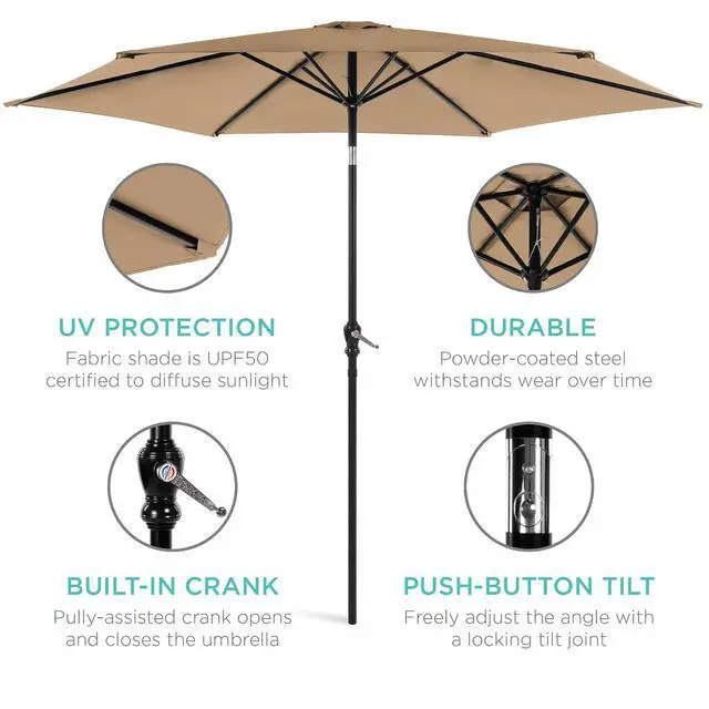 Alt view image 5 of 7 - 10ft Outdoor Patio Umbrella, Outdoor Table Umbrella, Yard Umbrella, Market Umbrella with 6 Sturdy Ribs, Push Button, Tilt and Crank - Tan