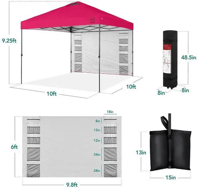 Alt view image 2 of 7 - 10x10ft Pop Up Canopy Tent with Sidewall, 1 Person 1 Minute Set Up, Carry Case, 4 Weight Bags - Hot Pink