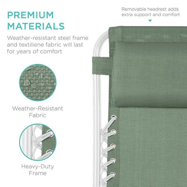Alt view image 7 of 7 - Set of 2 Adjustable Steel Mesh Zero Gravity Lounge Chair Recliners w/Pillows and Cup Holder Trays - Sage Green/White