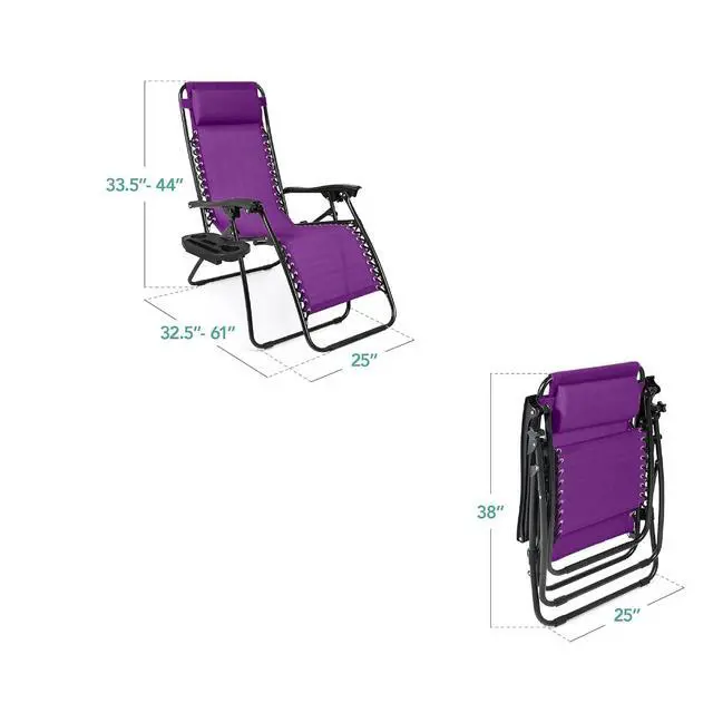 Alt view image 3 of 7 - Set of 2 Adjustable Steel Mesh Zero Gravity Lounge Chair Recliners w/Pillows and Cup Holder Trays - Amethyst Purple