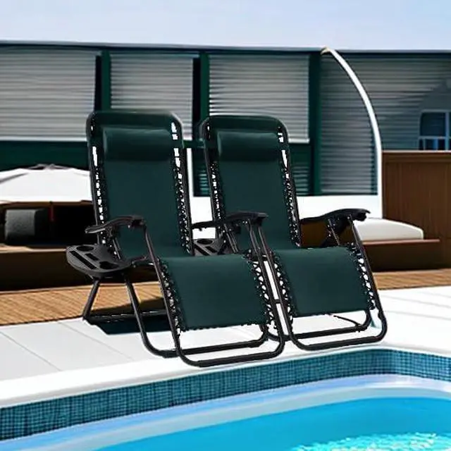 Alt view image 2 of 7 - Set of 2 Adjustable Steel Mesh Zero Gravity Lounge Chair Recliners w/Pillows and Cup Holder Trays - Forest Green