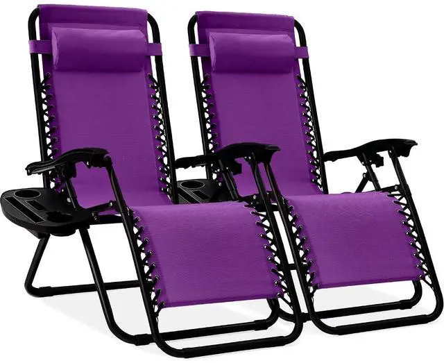 Main image of Set of 2 Adjustable Steel Mesh Zero Gravity Lounge Chair Recliners w/Pillows and Cup Holder Trays - Amethyst Purple