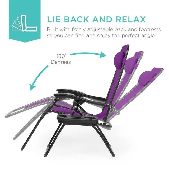 Alt view image 4 of 7 - Set of 2 Adjustable Steel Mesh Zero Gravity Lounge Chair Recliners w/Pillows and Cup Holder Trays - Amethyst Purple